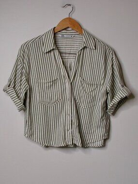 Zara Linen Blend Green White Striped Blouse Loose Relaxed Boxy Fit Size Small